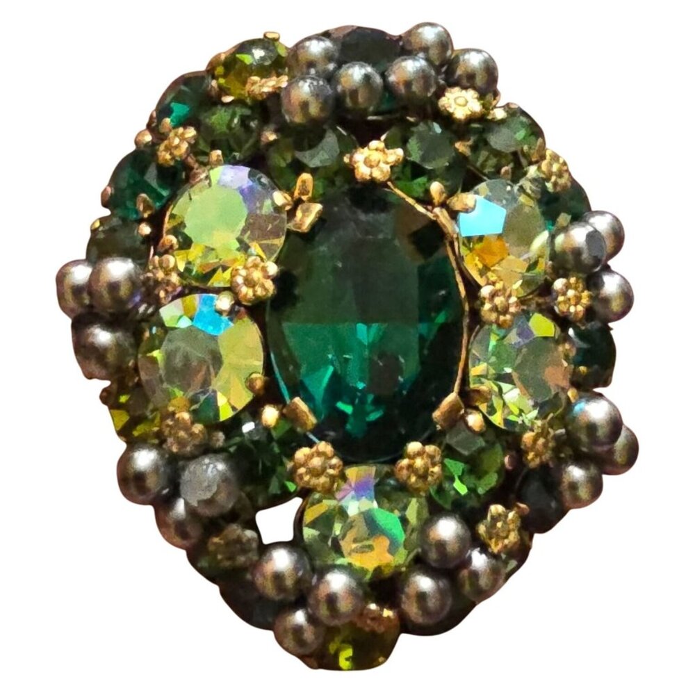 Exceptional Signed Austria Rhinestone And Pearl Layered Wired Brooch (A8750)